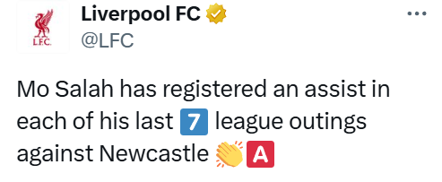 星空体育平台-自带一助？近7次利物浦联赛面对纽卡，萨拉赫每场都能送出1次助攻